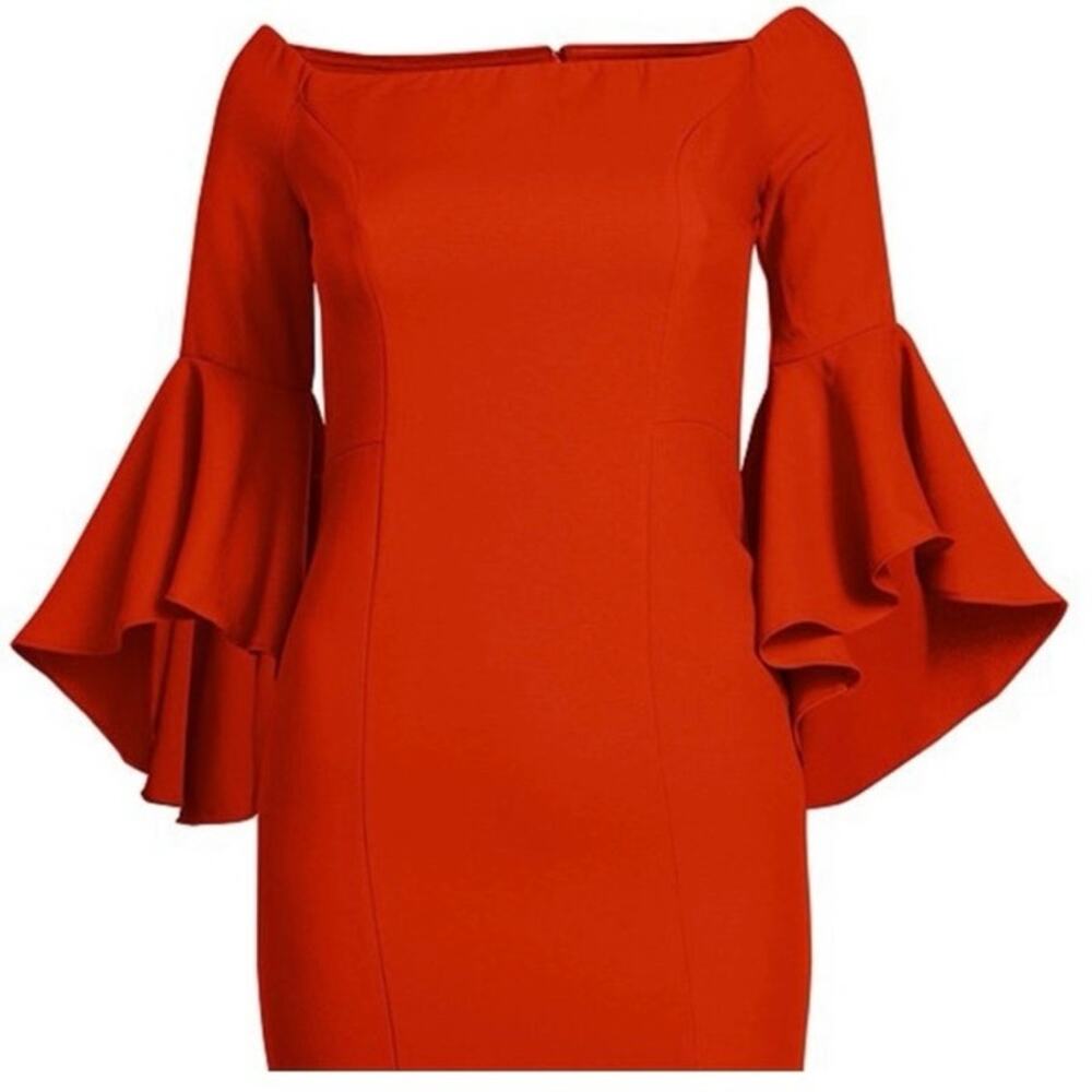 Venus Orange Off Shoulder Cocktail Dress Slit Size 2 Bell Flutter Sleeves